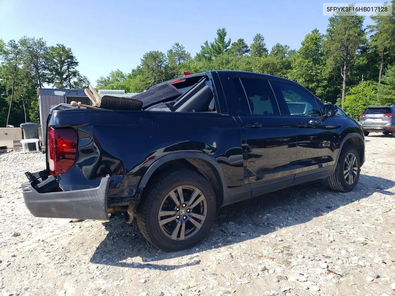 2017 Honda Ridgeline Sport VIN: 5FPYK3F16HB017128 Lot: 59716716