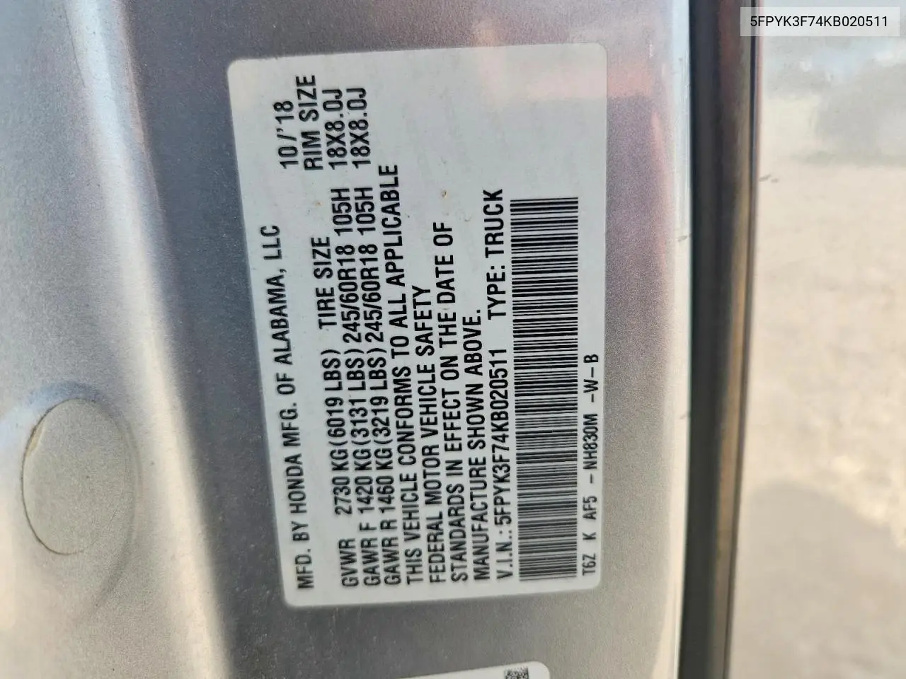 2019 Honda Ridgeline Rtl VIN: 5FPYK3F74KB020511 Lot: 56157536
