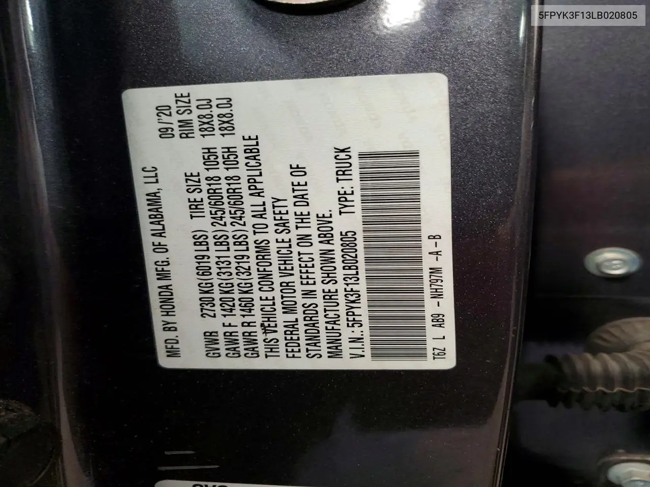 2020 Honda Ridgeline Sport VIN: 5FPYK3F13LB020805 Lot: 58630496