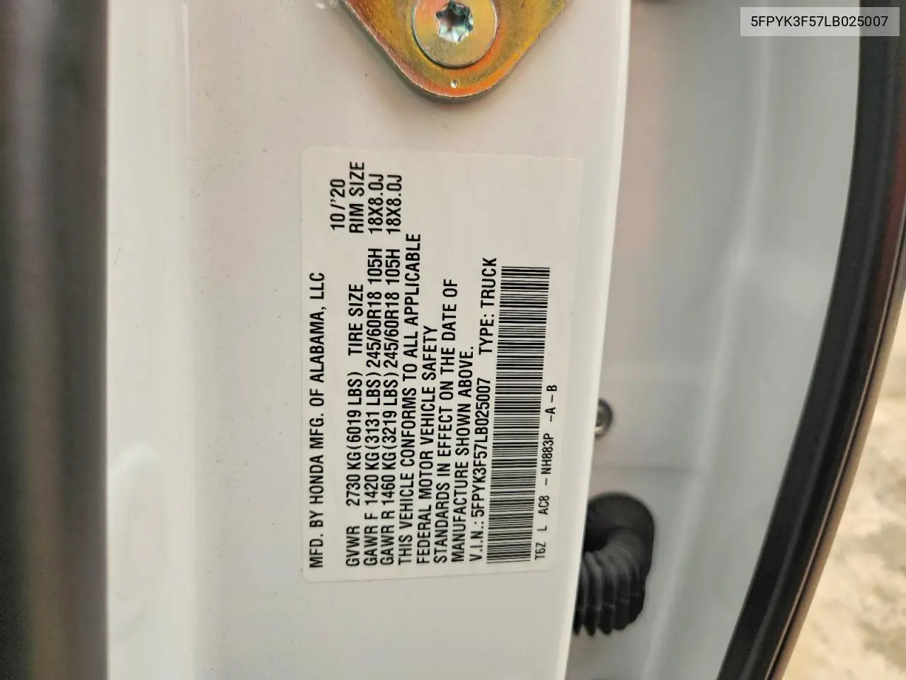 2020 Honda Ridgeline Rtl VIN: 5FPYK3F57LB025007 Lot: 61011966