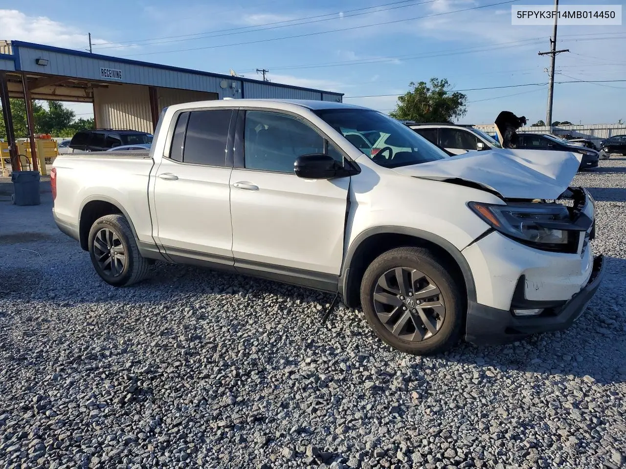 2021 Honda Ridgeline Sport VIN: 5FPYK3F14MB014450 Lot: 57830516