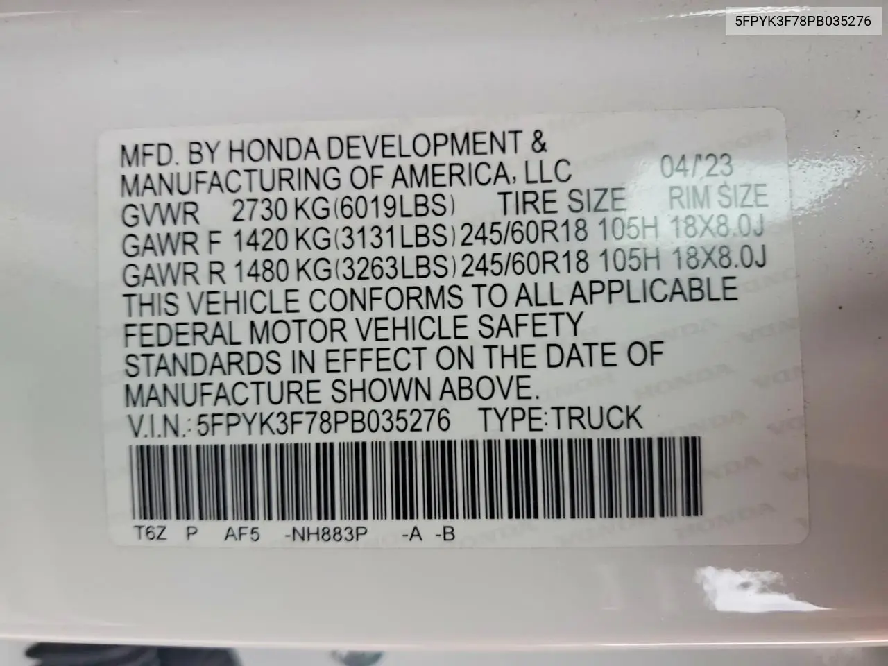 2023 Honda Ridgeline Rtl-E VIN: 5FPYK3F78PB035276 Lot: 61535816