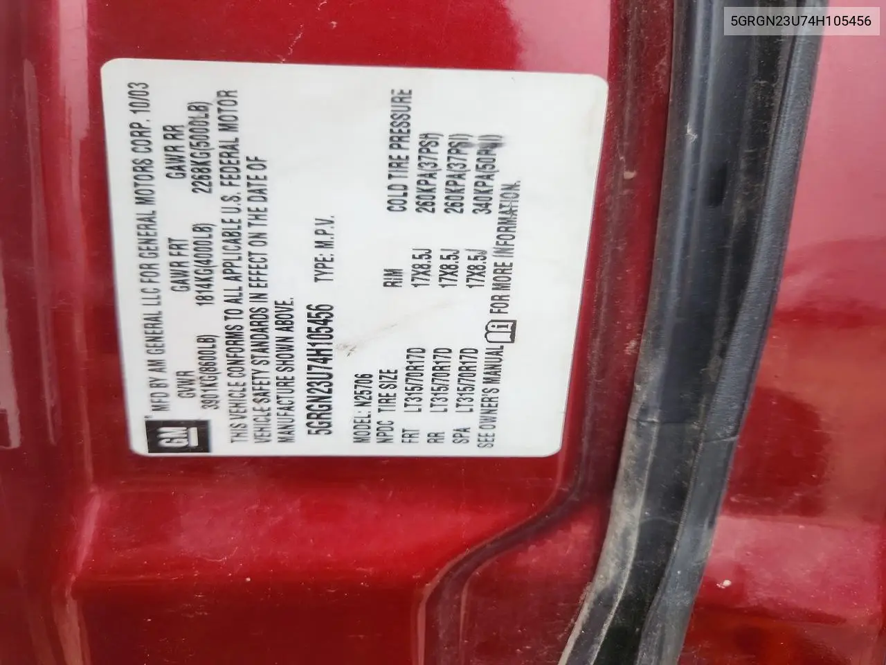 2004 Hummer H2 VIN: 5GRGN23U74H105456 Lot: 54263956