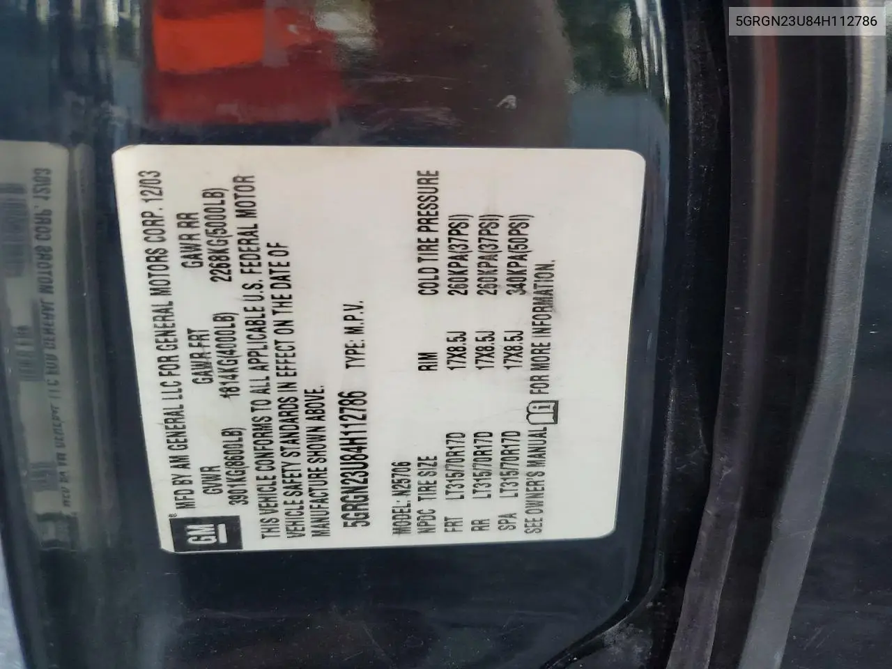 2004 Hummer H2 VIN: 5GRGN23U84H112786 Lot: 60472306