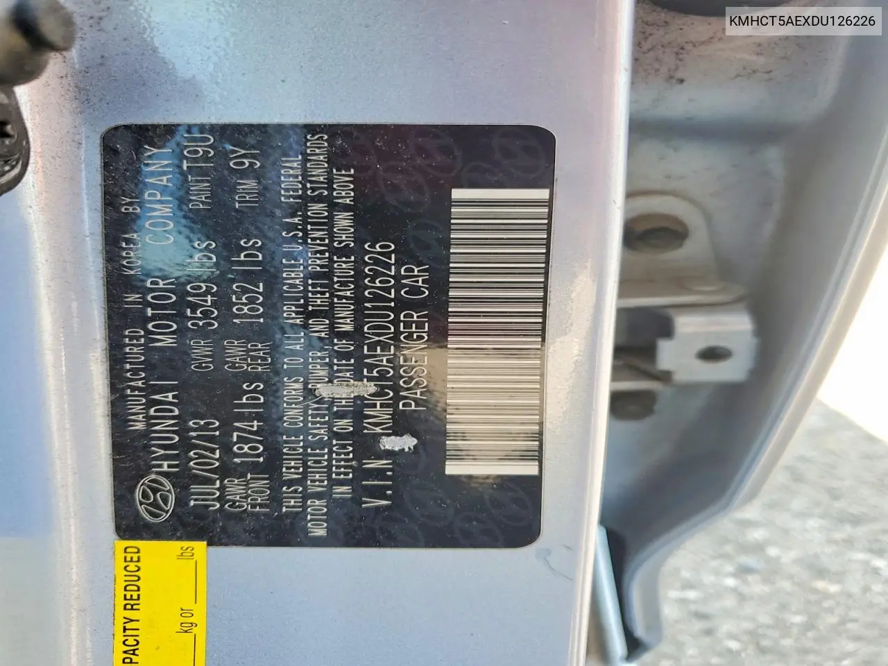 2013 Hyundai Accent Gs VIN: KMHCT5AEXDU126226 Lot: 60590946