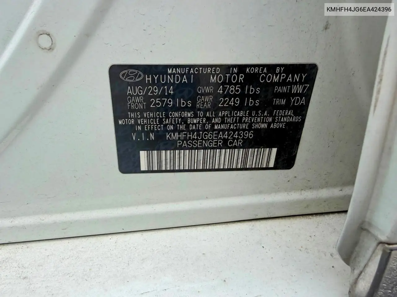 2014 Hyundai Azera Limited VIN: KMHFH4JG6EA424396 Lot: 56126166