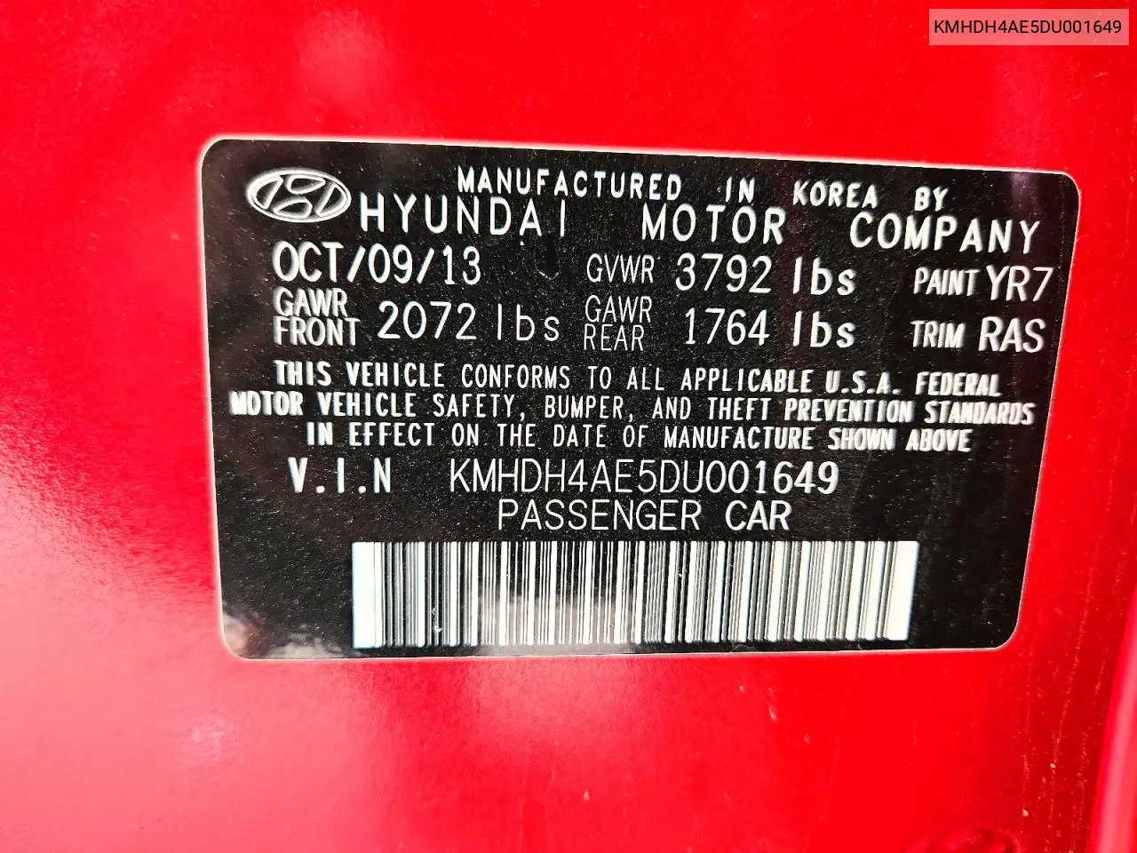 2013 Hyundai Elantra Gls VIN: KMHDH4AE5DU001649 Lot: 55136686