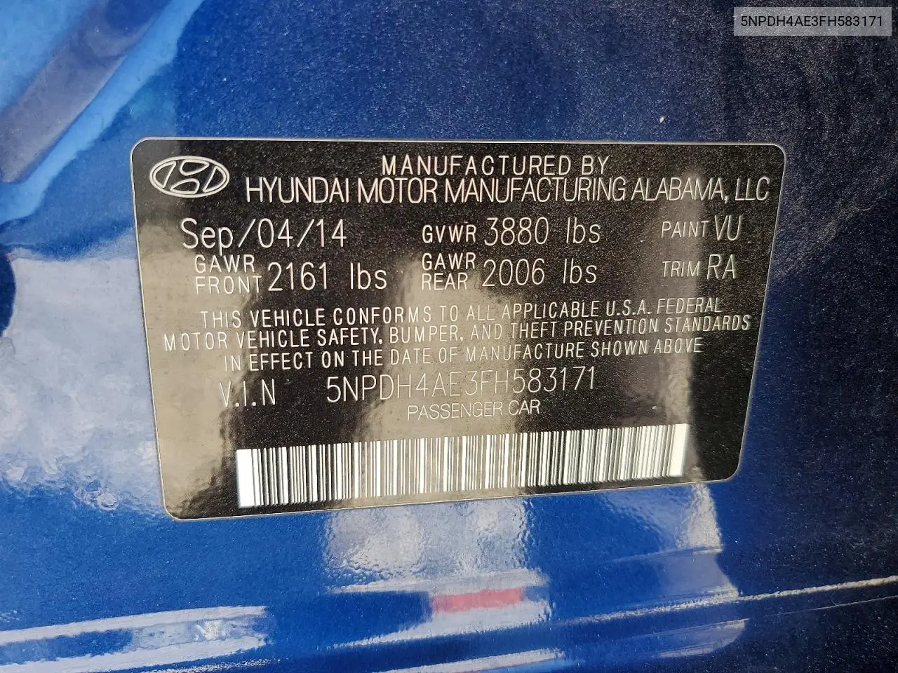 2015 Hyundai Elantra Se VIN: 5NPDH4AE3FH583171 Lot: 55623396