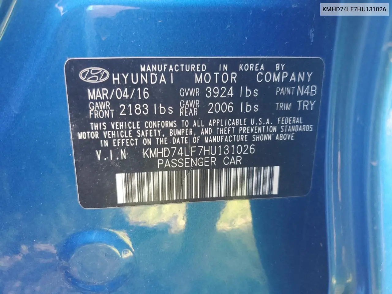 KMHD74LF7HU131026 2017 Hyundai Elantra Se