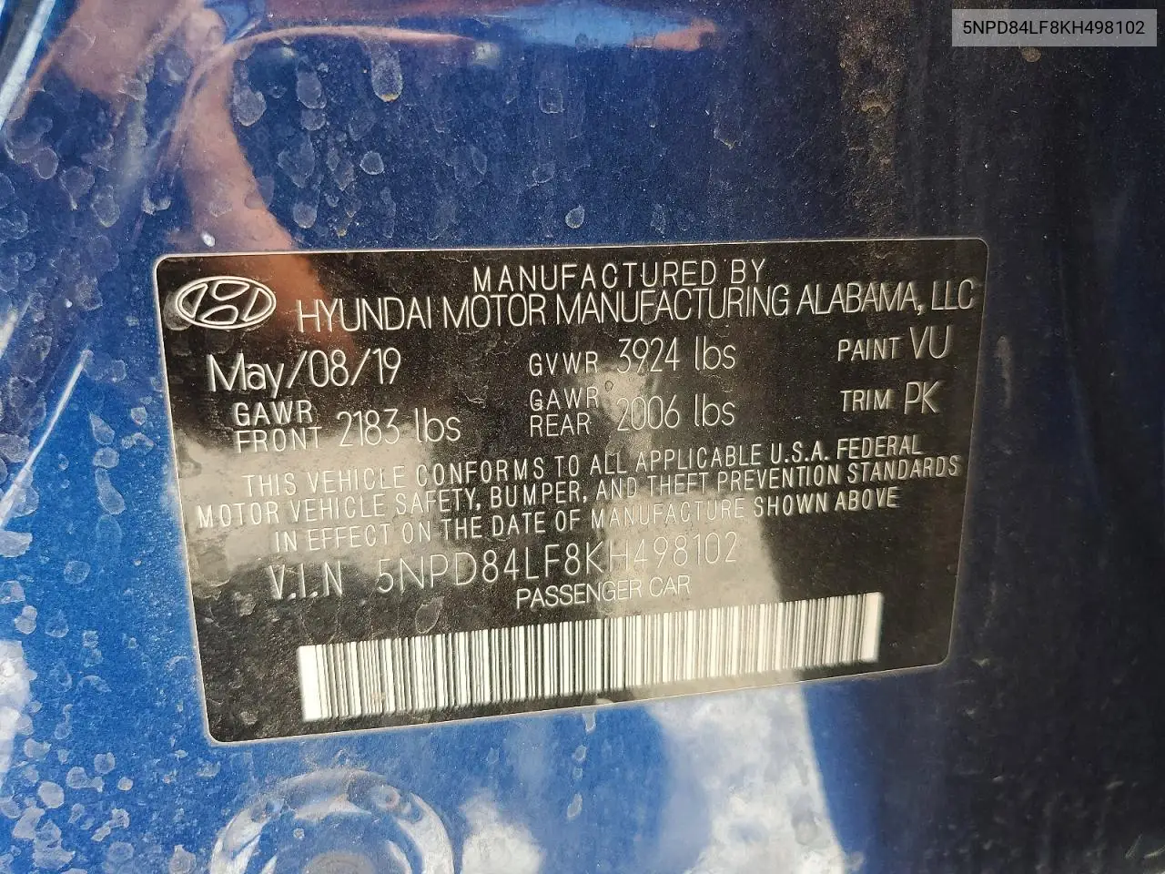 2019 Hyundai Elantra Sel VIN: 5NPD84LF8KH498102 Lot: 60490926