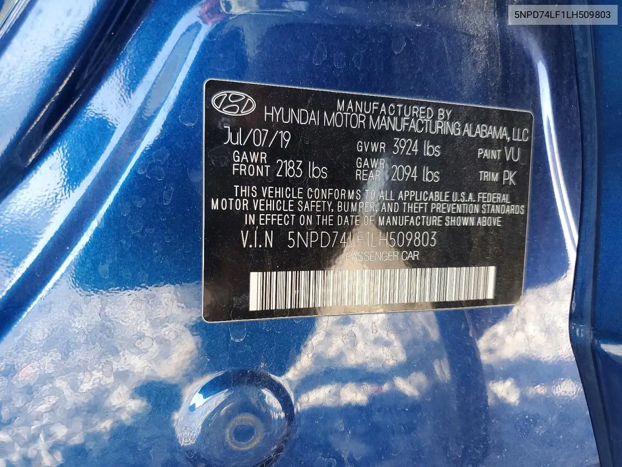 2020 Hyundai Elantra Se VIN: 5NPD74LF1LH509803 Lot: 57162406