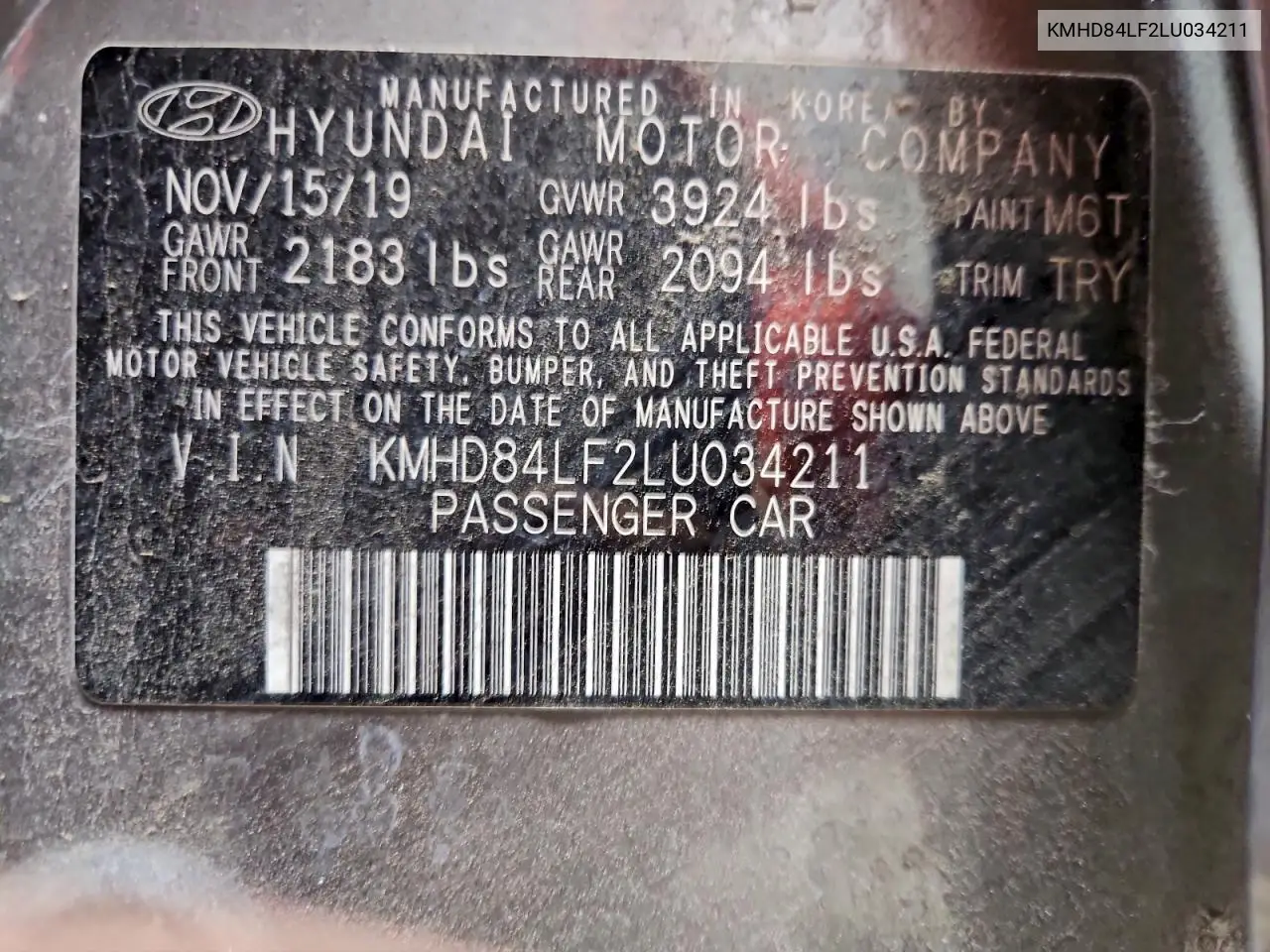 KMHD84LF2LU034211 2020 Hyundai Elantra Sel