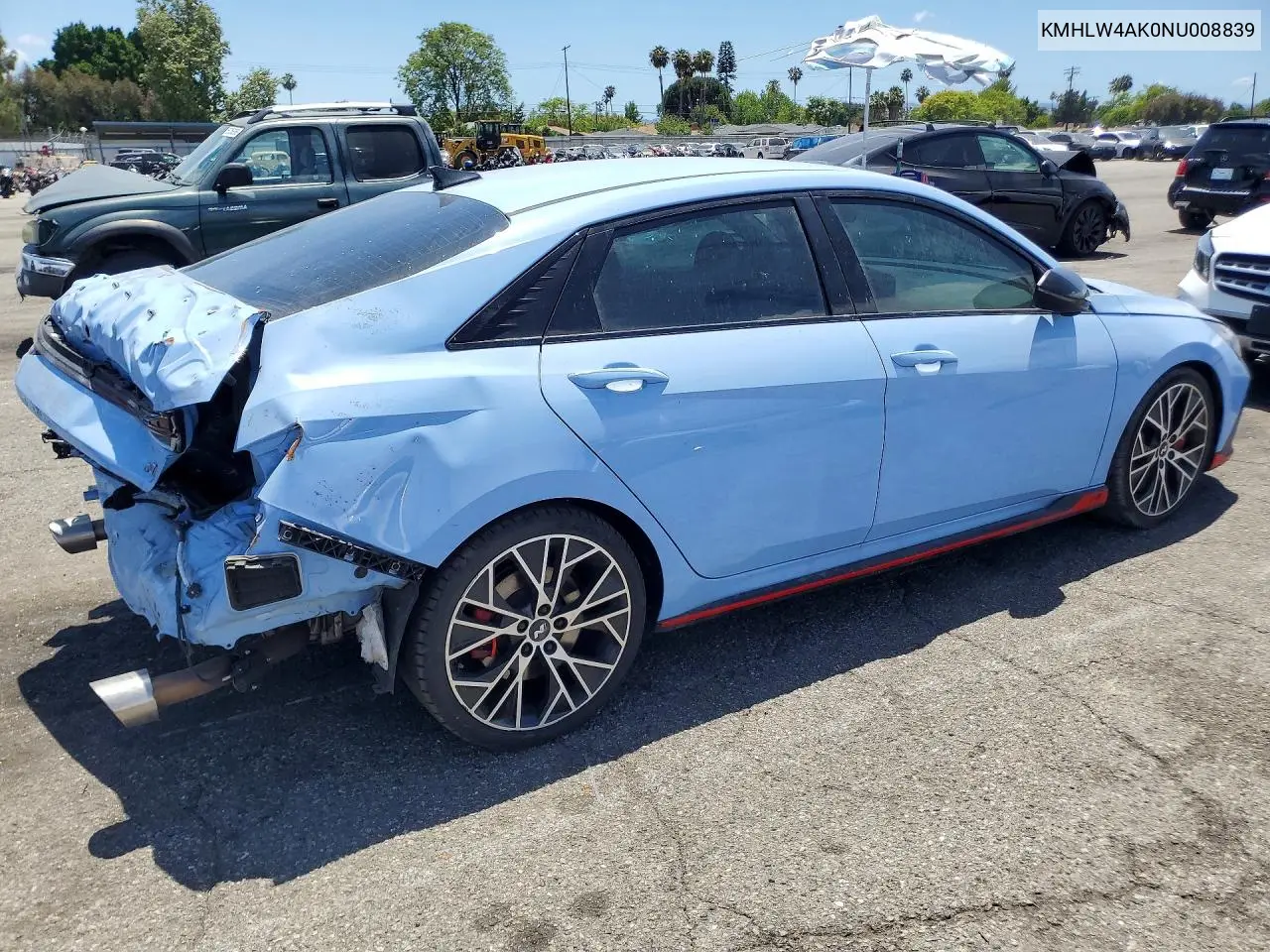 2022 Hyundai Elantra N Base VIN: KMHLW4AK0NU008839 Lot: 55334026