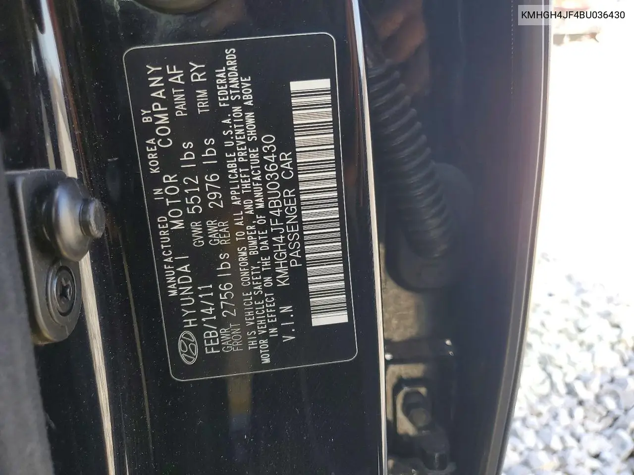 2011 Hyundai Equus Signature VIN: KMHGH4JF4BU036430 Lot: 55811496