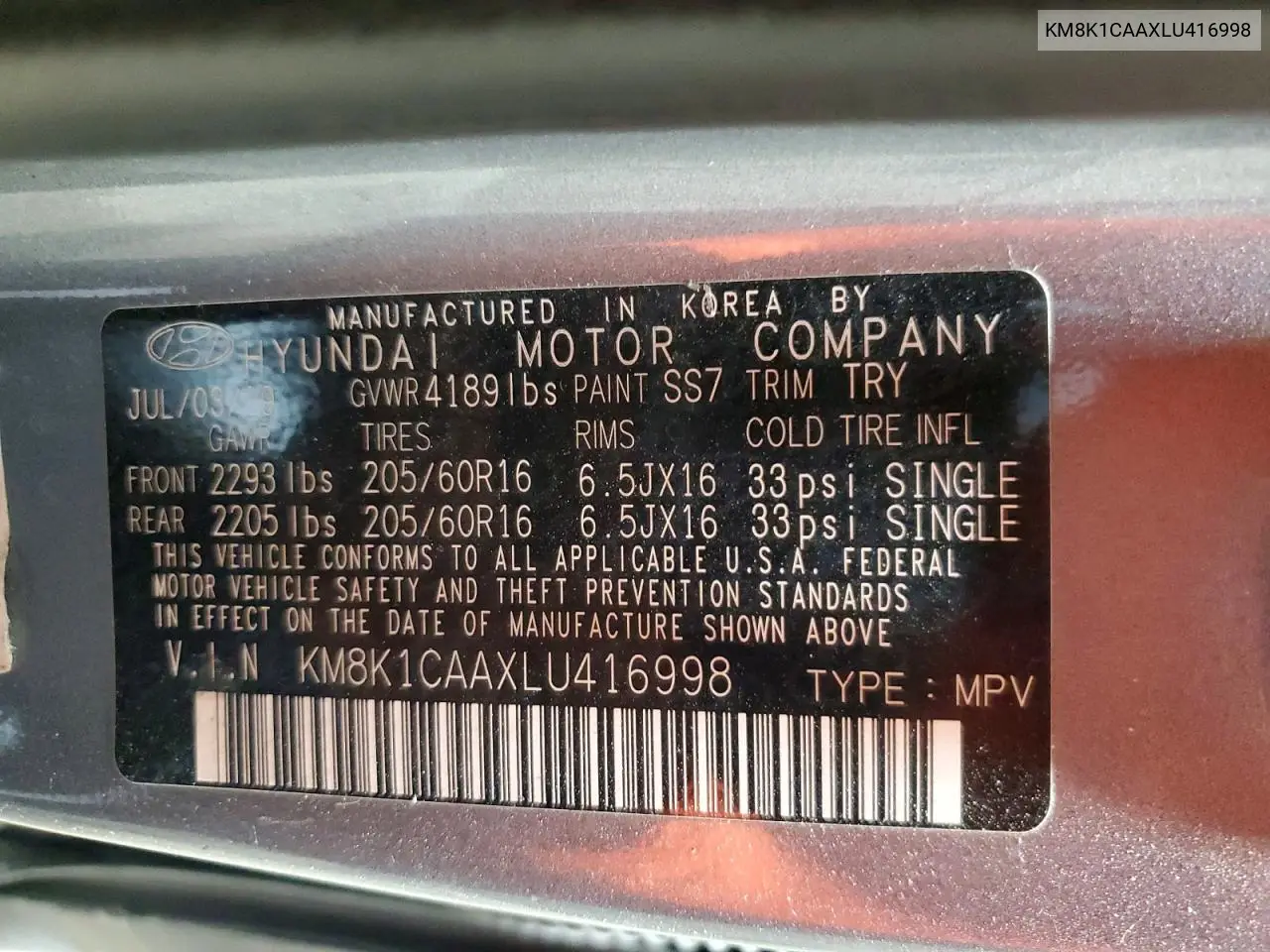 2020 Hyundai Kona Se VIN: KM8K1CAAXLU416998 Lot: 58007636