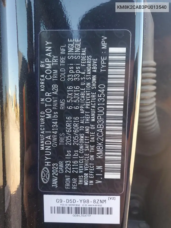 KM8K2CAB3PU013540 2023 Hyundai Kona Se