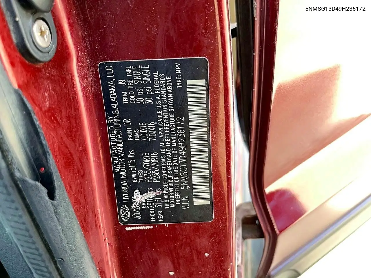 5NMSG13D49H236172 2009 Hyundai Santa Fe Gls