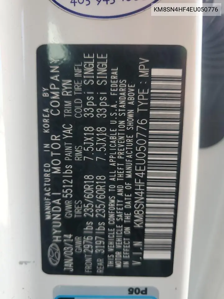 KM8SN4HF4EU050776 2014 Hyundai Santa Fe Gls