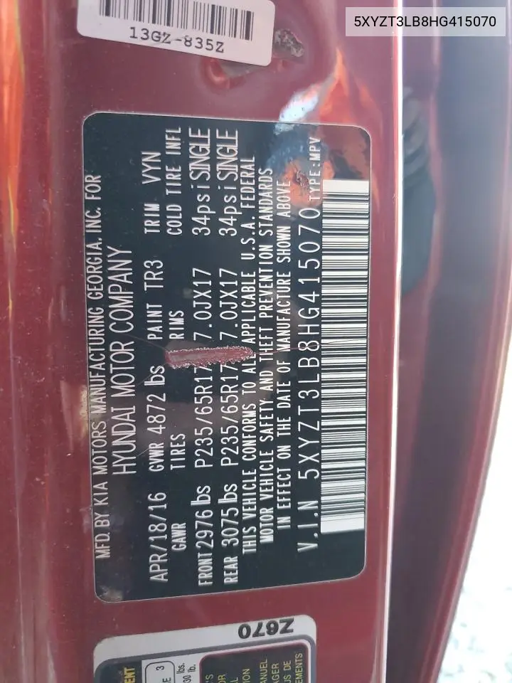 5XYZT3LB8HG415070 2017 Hyundai Santa Fe Sport