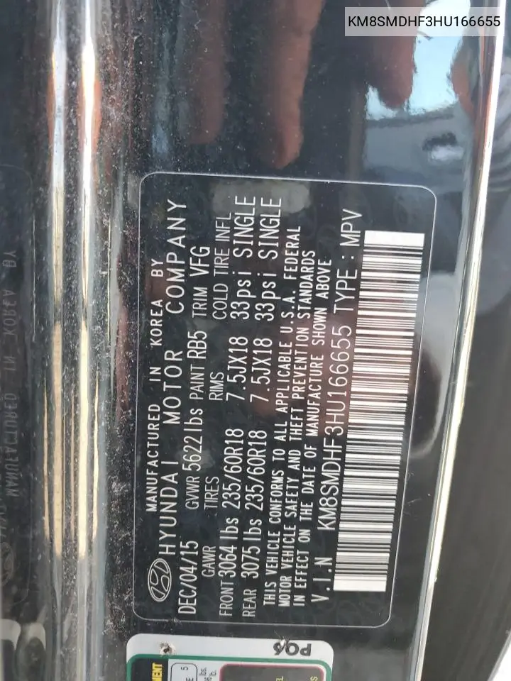 KM8SMDHF3HU166655 2017 Hyundai Santa Fe Se