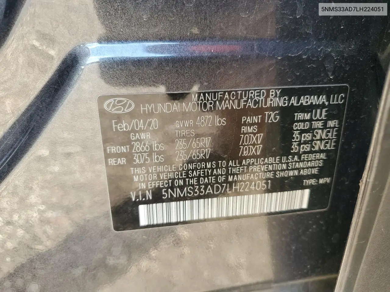 2020 Hyundai Santa Fe Sel VIN: 5NMS33AD7LH224051 Lot: 89575765