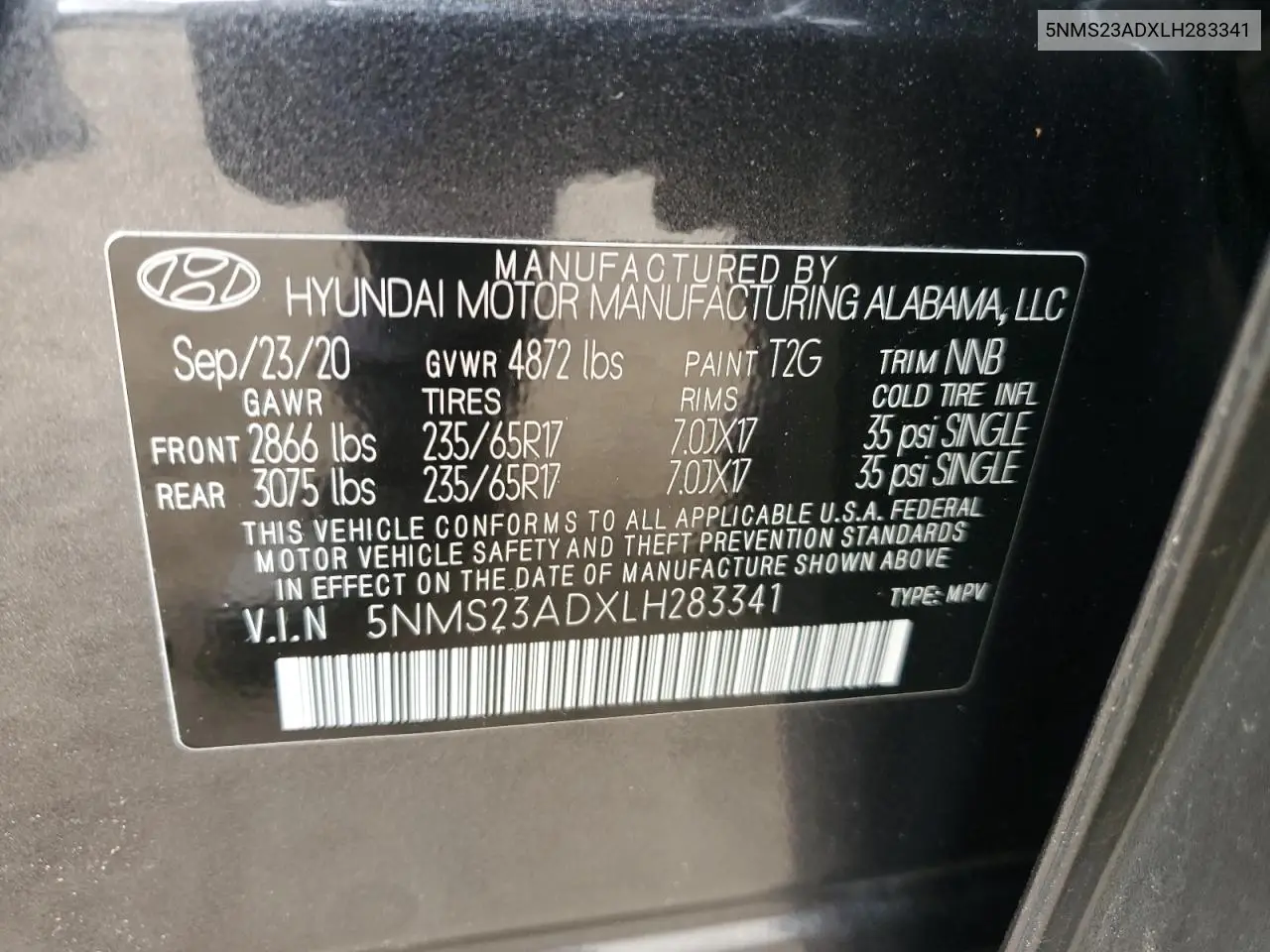 5NMS23ADXLH283341 2020 Hyundai Santa Fe Se