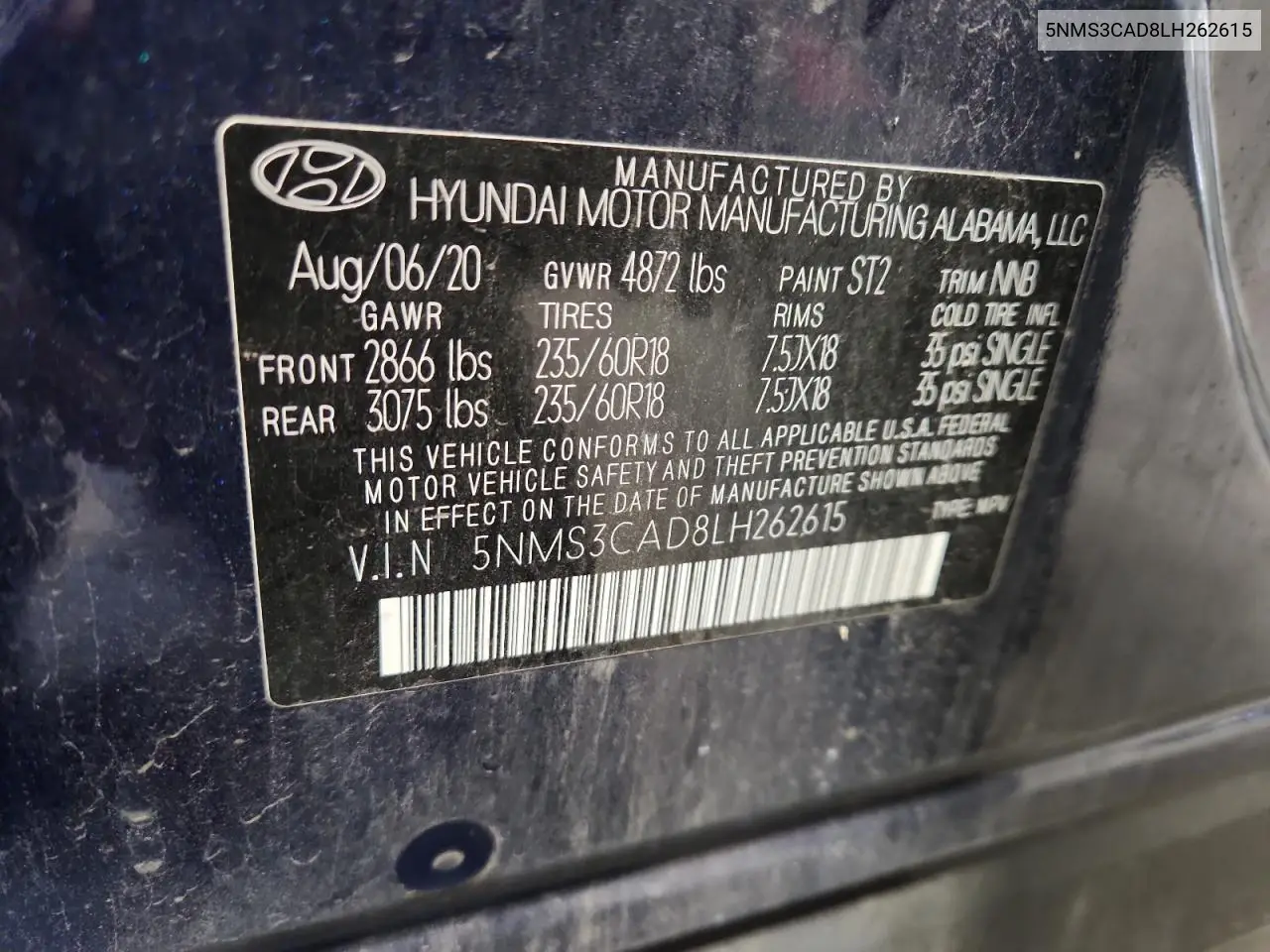5NMS3CAD8LH262615 2020 Hyundai Santa Fe Sel