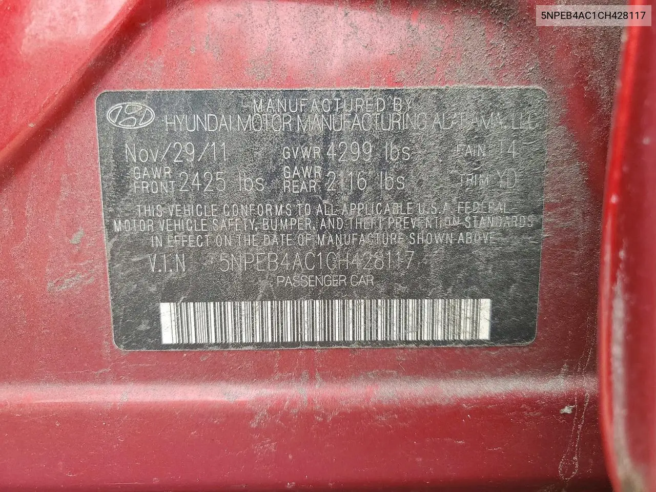 2012 Hyundai Sonata Gls VIN: 5NPEB4AC1CH428117 Lot: 59652926