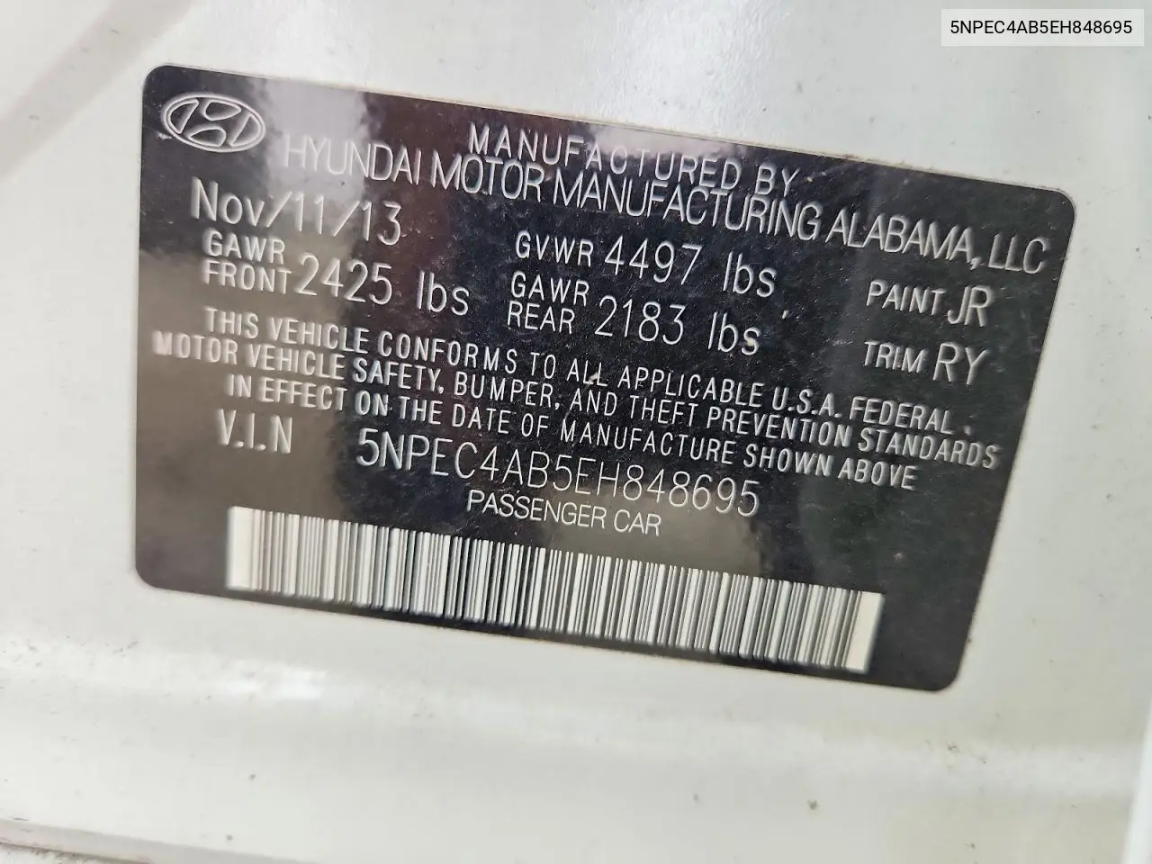 2014 Hyundai Sonata Se 2.0T VIN: 5NPEC4AB5EH848695 Lot: 60601226