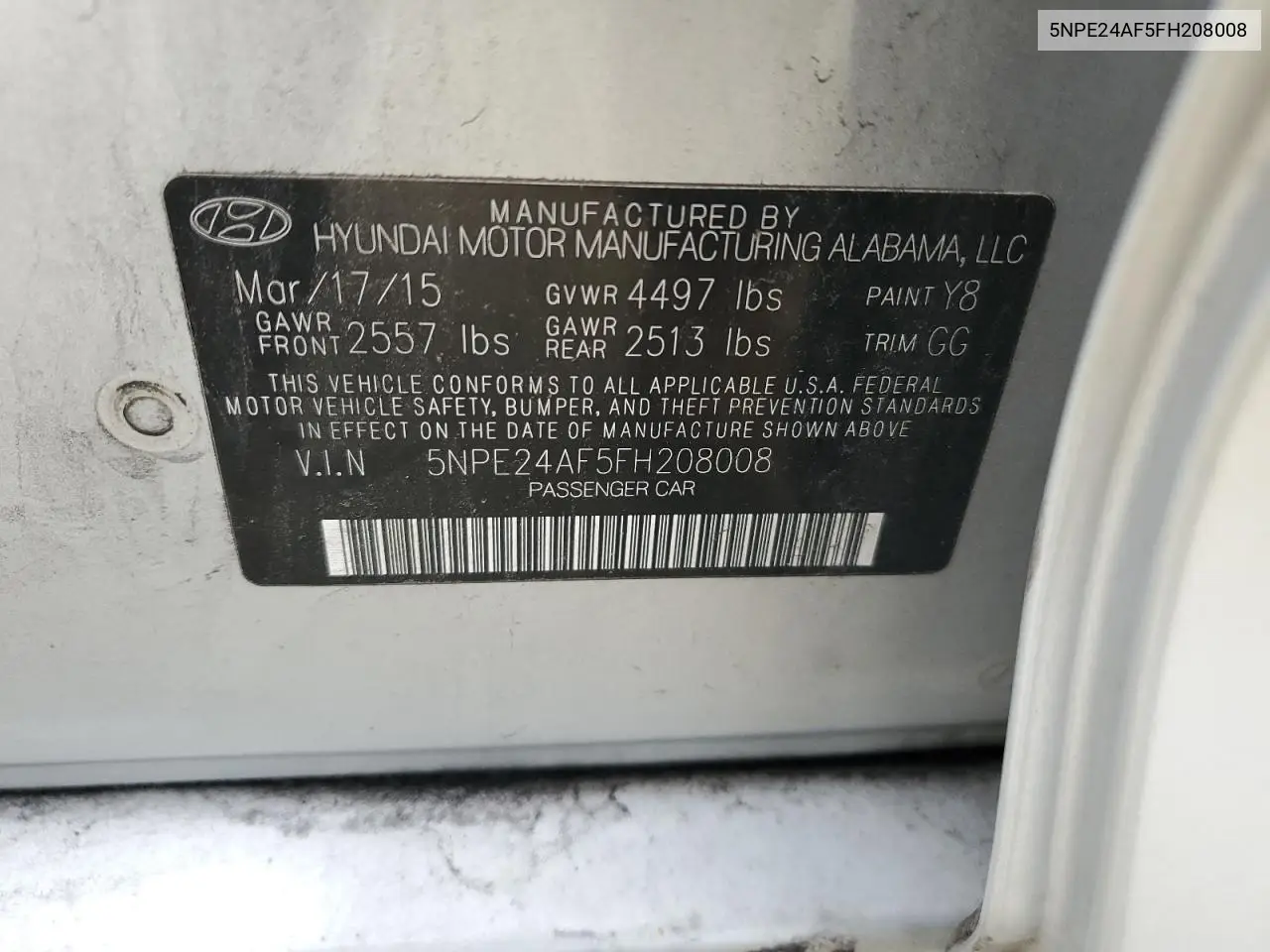 5NPE24AF5FH208008 2015 Hyundai Sonata Se