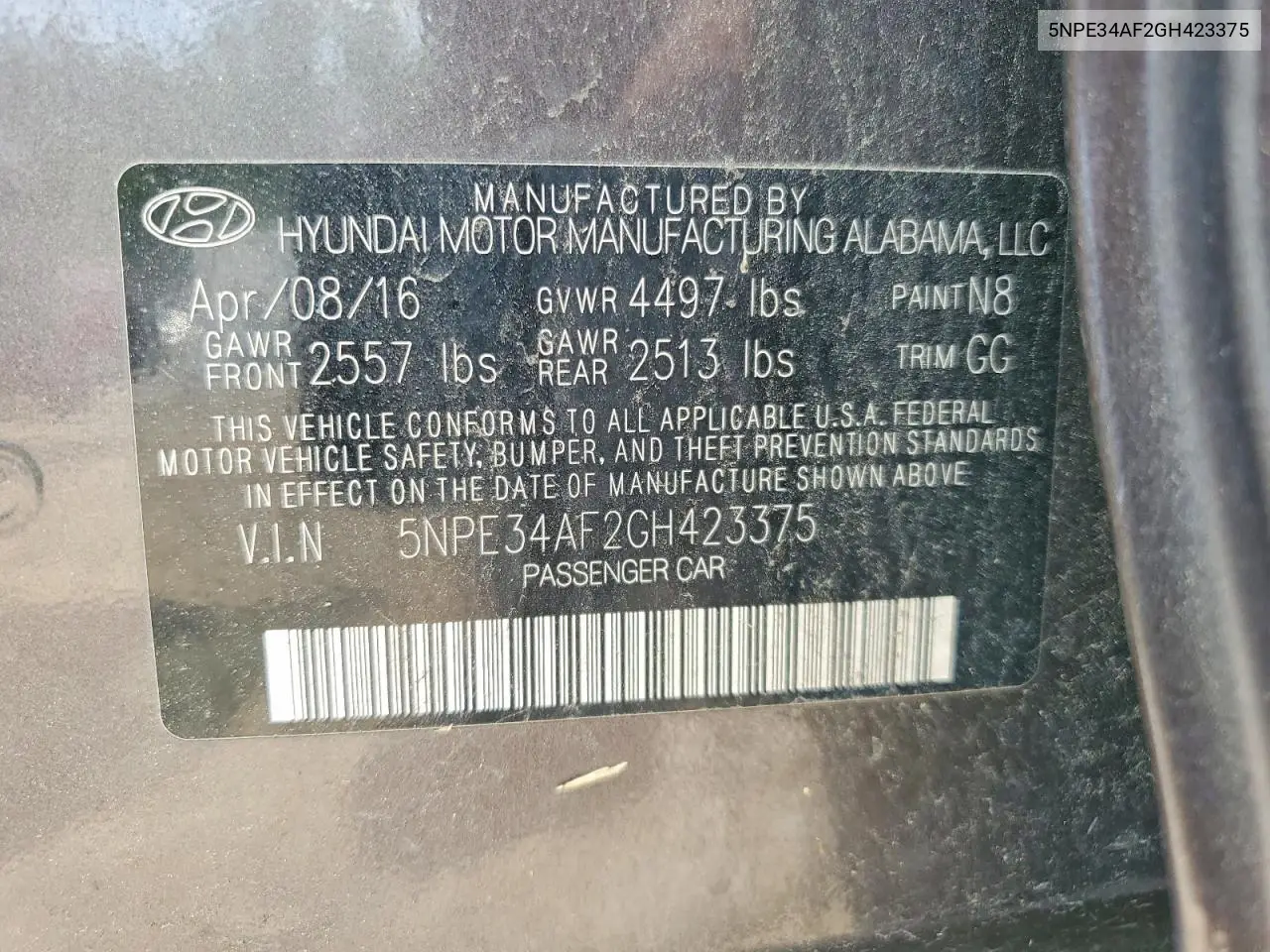 2016 Hyundai Sonata Sport VIN: 5NPE34AF2GH423375 Lot: 60816646