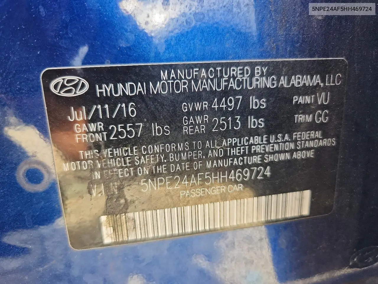 2017 Hyundai Sonata Se VIN: 5NPE24AF5HH469724 Lot: 62137326