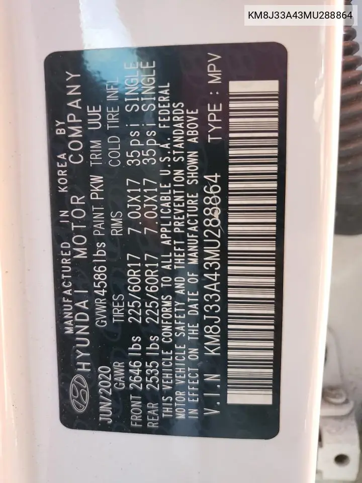 KM8J33A43MU288864 2021 Hyundai Tucson Limited