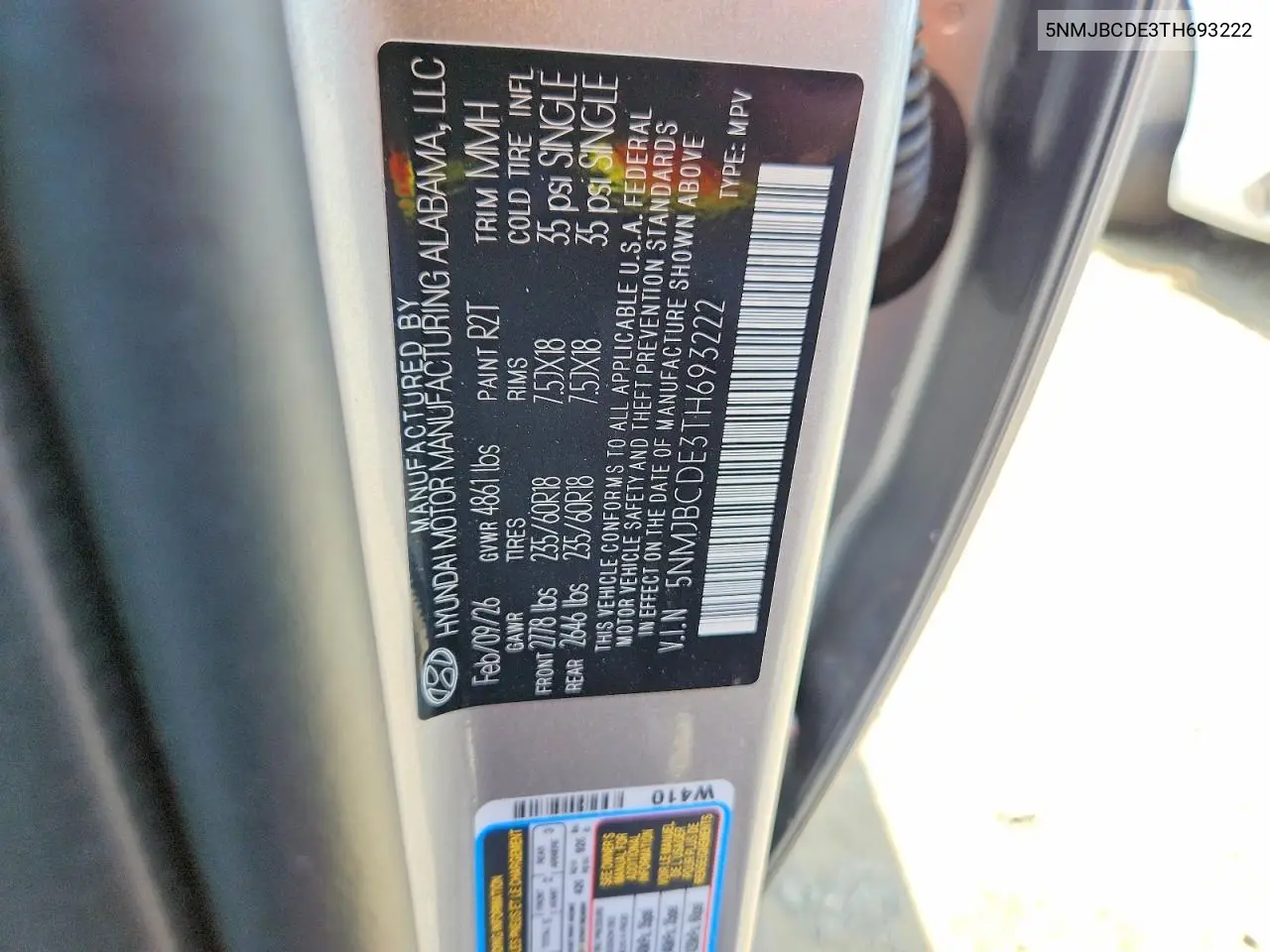 2026 Hyundai Tucson Sel VIN: 5NMJBCDE3TH693222 Lot: 61153286