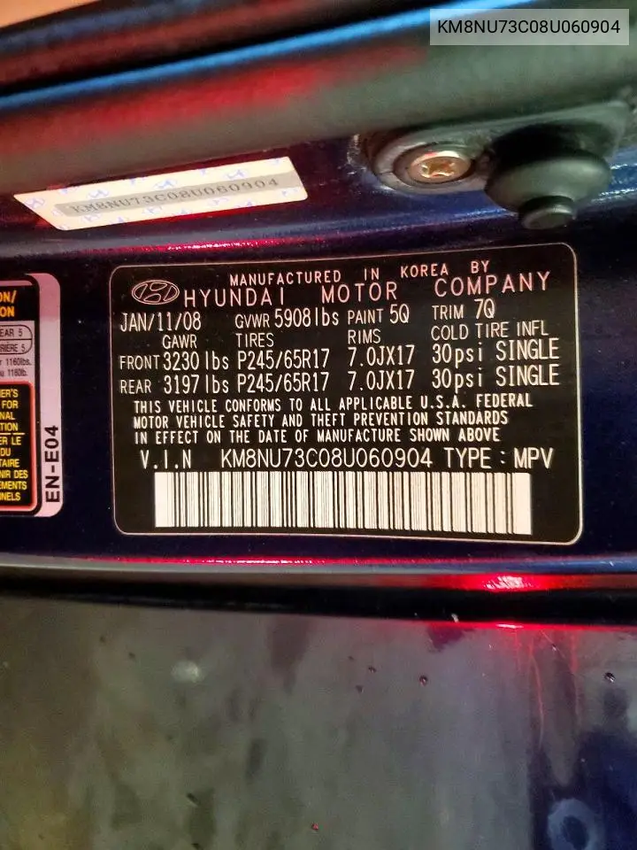 2008 Hyundai Veracruz Gls VIN: KM8NU73C08U060904 Lot: 60009296
