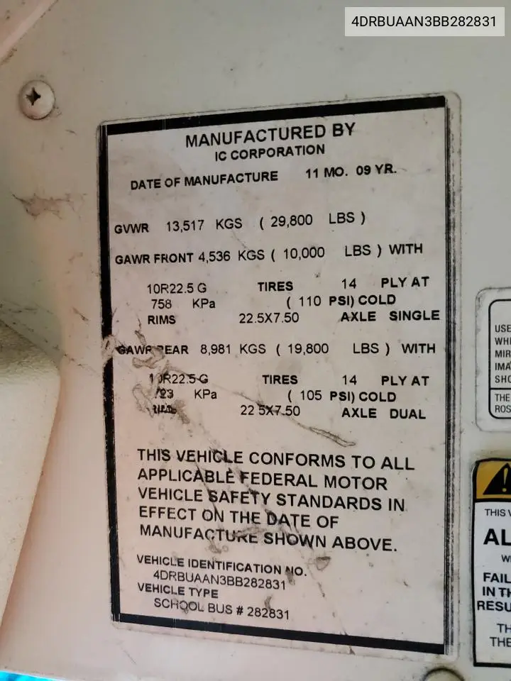 2011 Ic Corporation Ce Series School - School Bus VIN: 4DRBUAAN3BB282831 Lot: 90325215