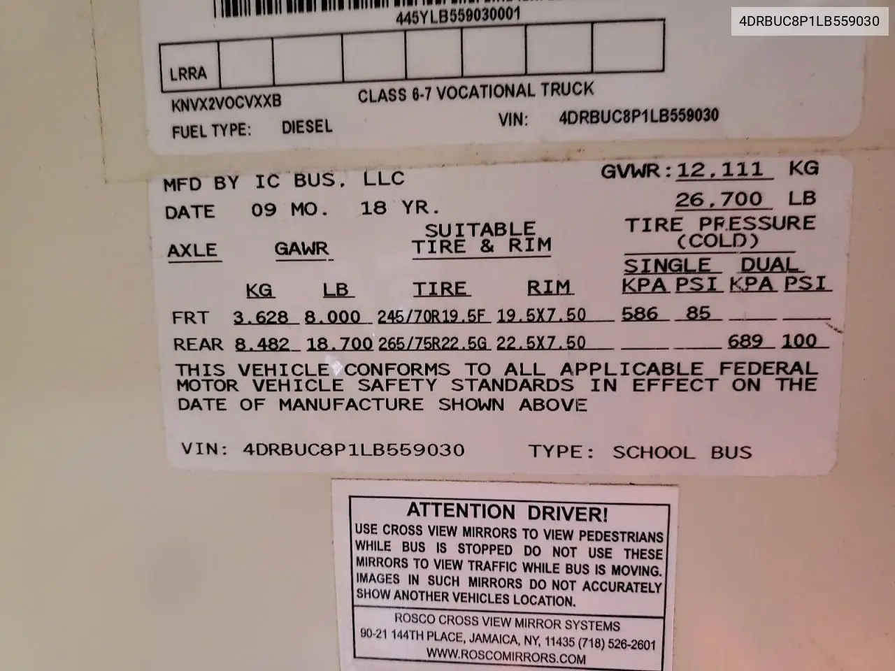 2020 Ic Bus Pb105 School Bus VIN: 4DRBUC8P1LB559030 Lot: 93823655