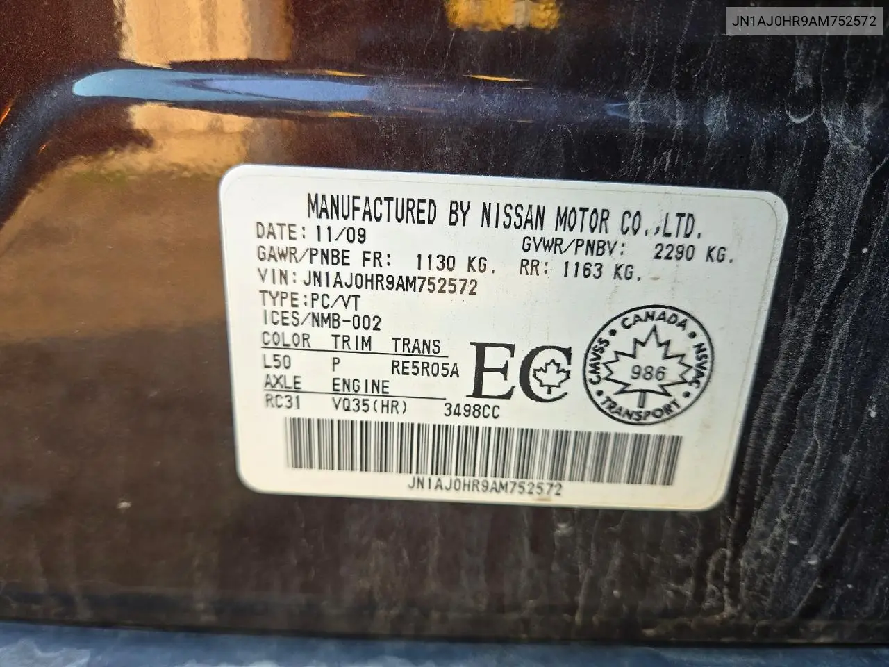 2010 Infiniti Ex35 Base VIN: JN1AJ0HR9AM752572 Lot: 57373216