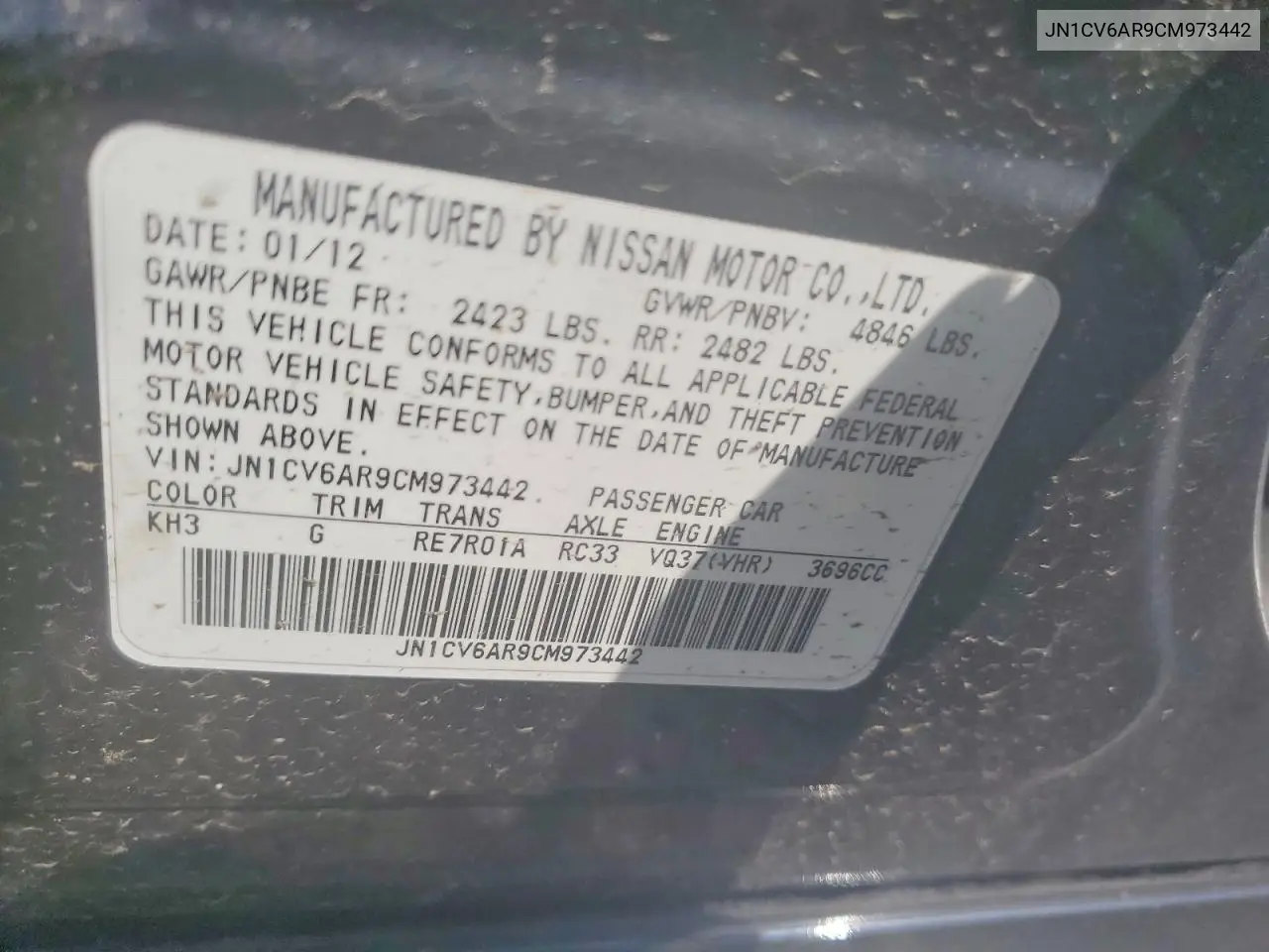 2012 Infiniti G37 Sedan X VIN: JN1CV6AR9CM973442 Lot: 60238406