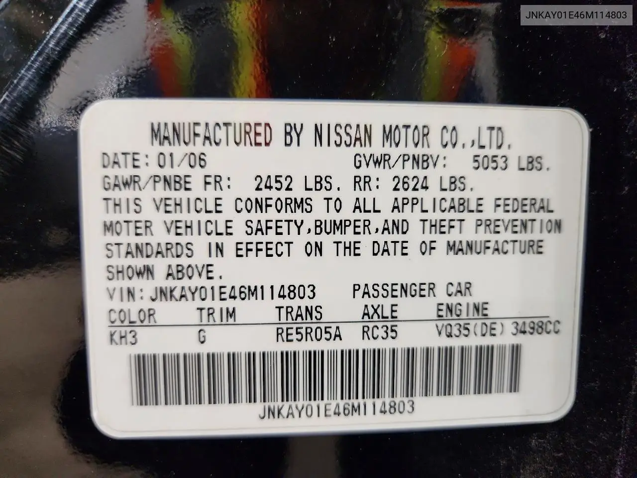 2006 Infiniti M35 Base VIN: JNKAY01E46M114803 Lot: 57005996