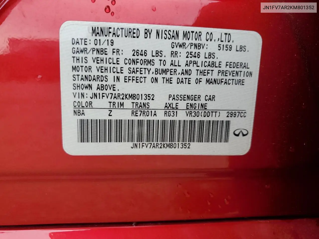 JN1FV7AR2KM801352 2019 Infiniti Q50 Red Sport 400