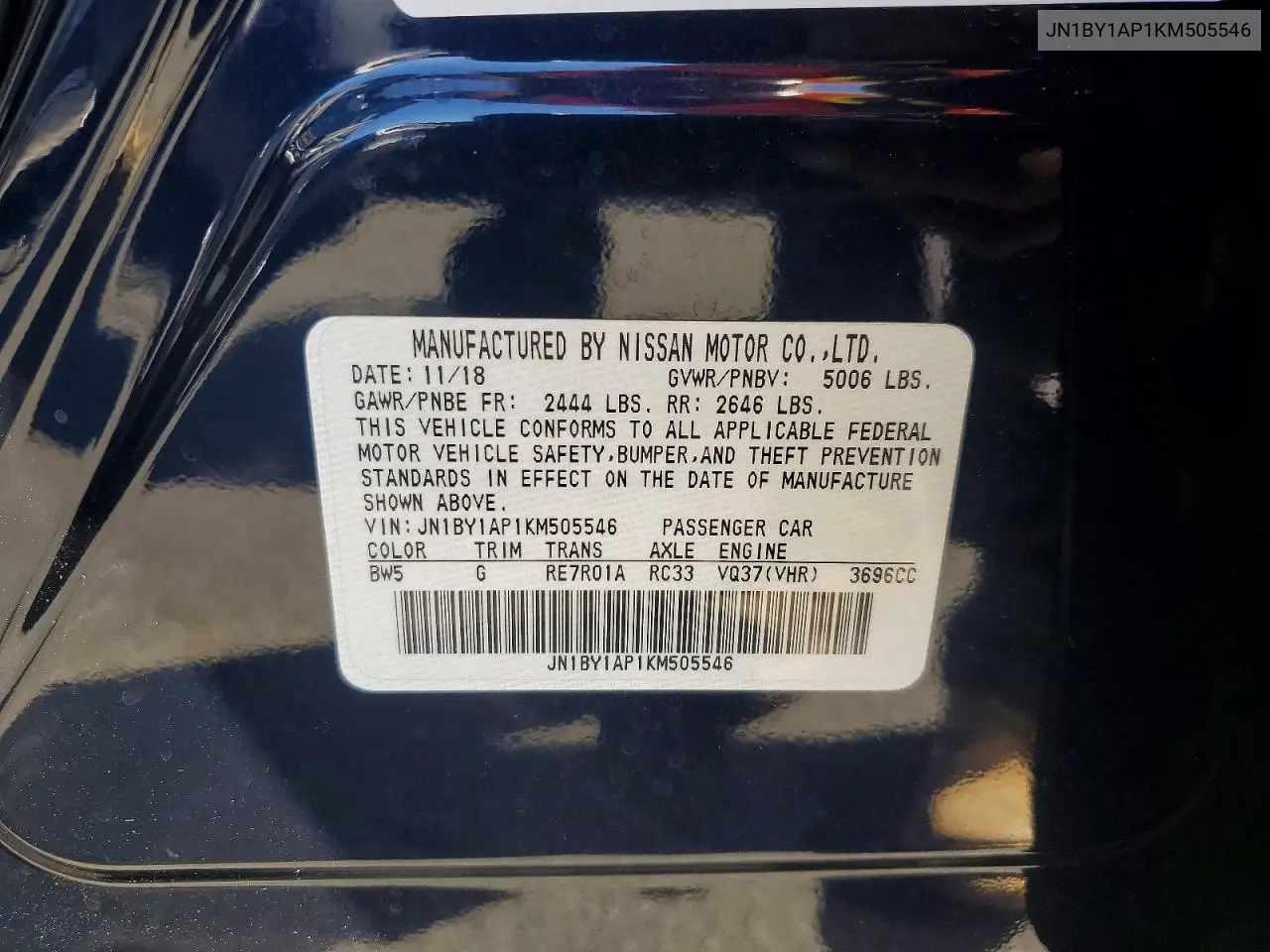 2019 Infiniti Q70 3.7 Luxe VIN: JN1BY1AP1KM505546 Lot: 60472986