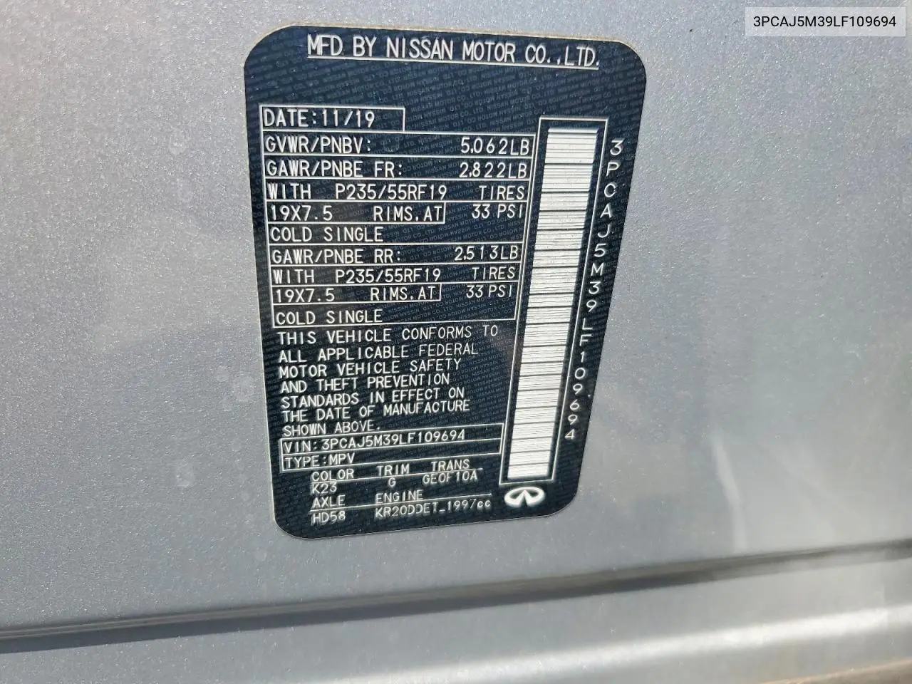 2020 Infiniti Qx50 Luxe VIN: 3PCAJ5M39LF109694 Lot: 59348956
