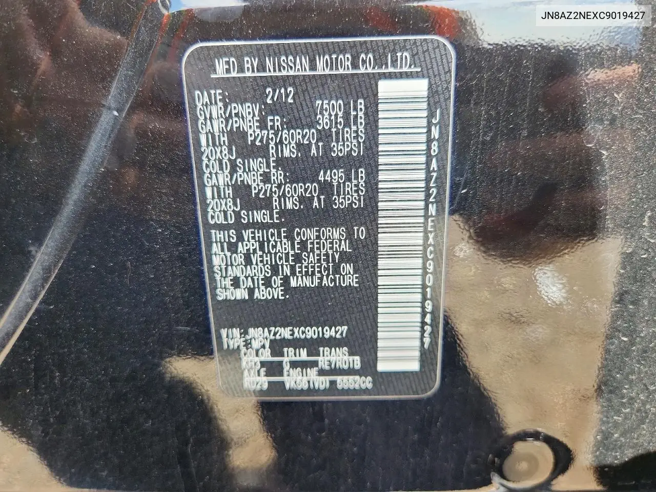 2012 Infiniti Qx56 Base VIN: JN8AZ2NEXC9019427 Lot: 56194116