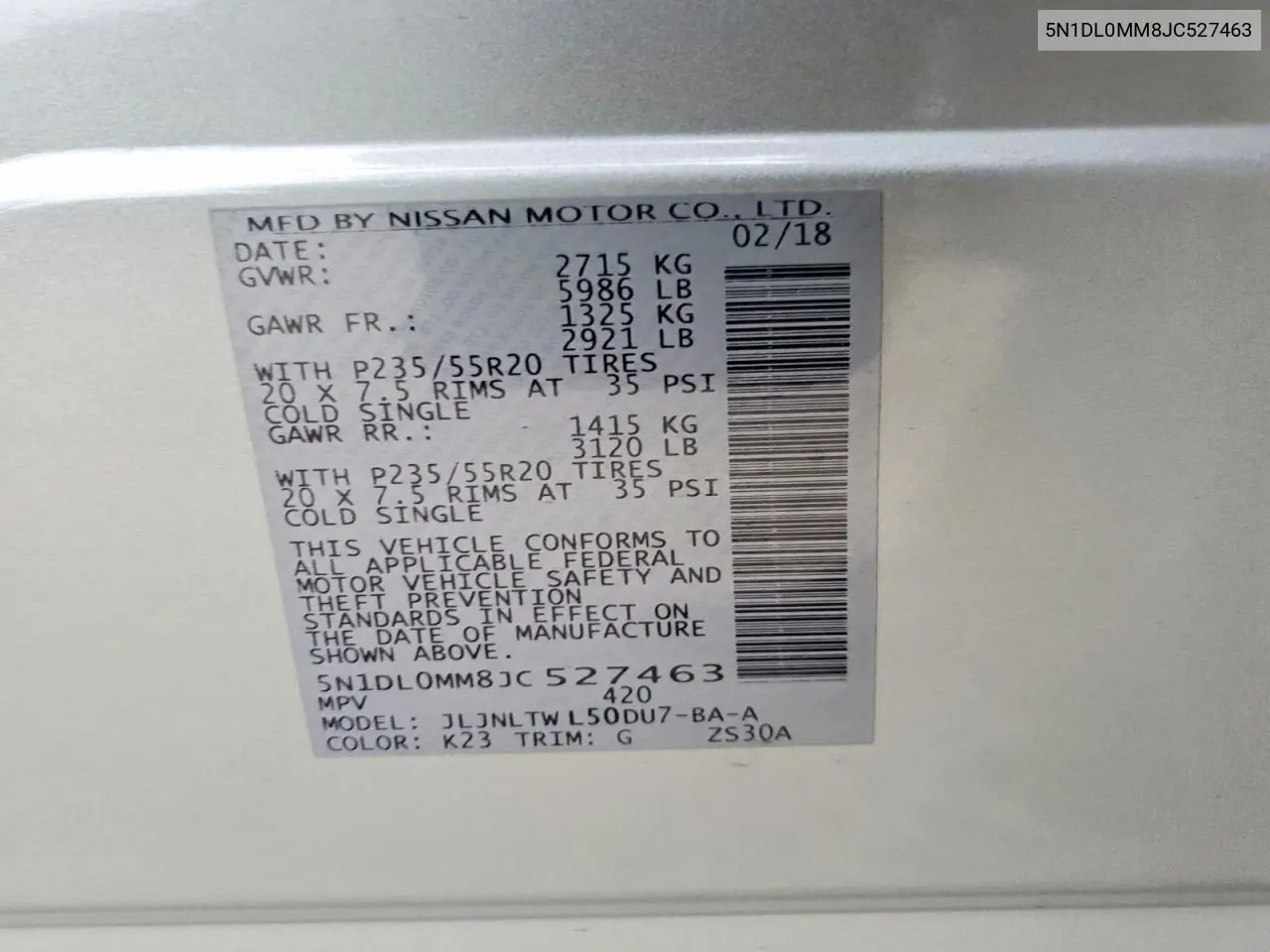 5N1DL0MM8JC527463 2018 Infiniti Qx60 Base