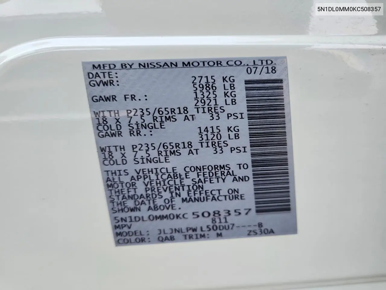 2019 Infiniti Qx60 Pure VIN: 5N1DL0MM0KC508357 Lot: 60853726