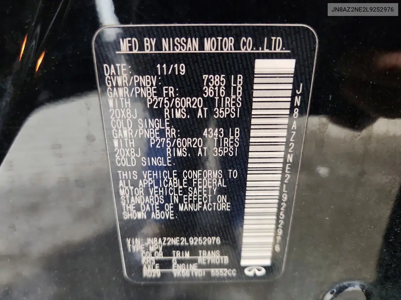 2020 Infiniti Qx80 Luxe VIN: JN8AZ2NE2L9252976 Lot: 60242056