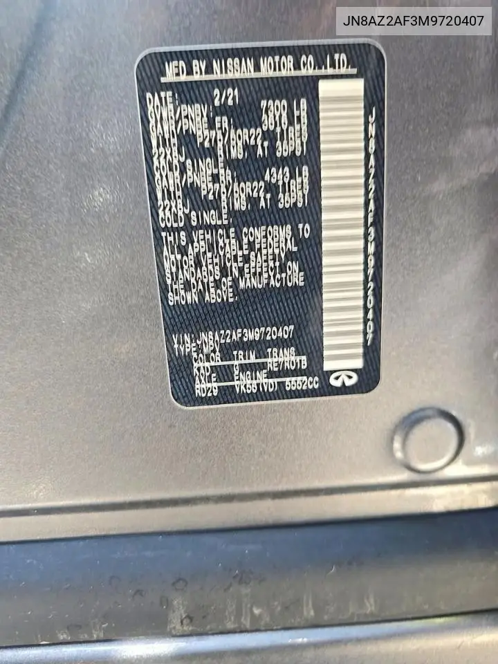 2021 Infi Qx80 Luxe VIN: JN8AZ2AF3M9720407 Lot: 61572456
