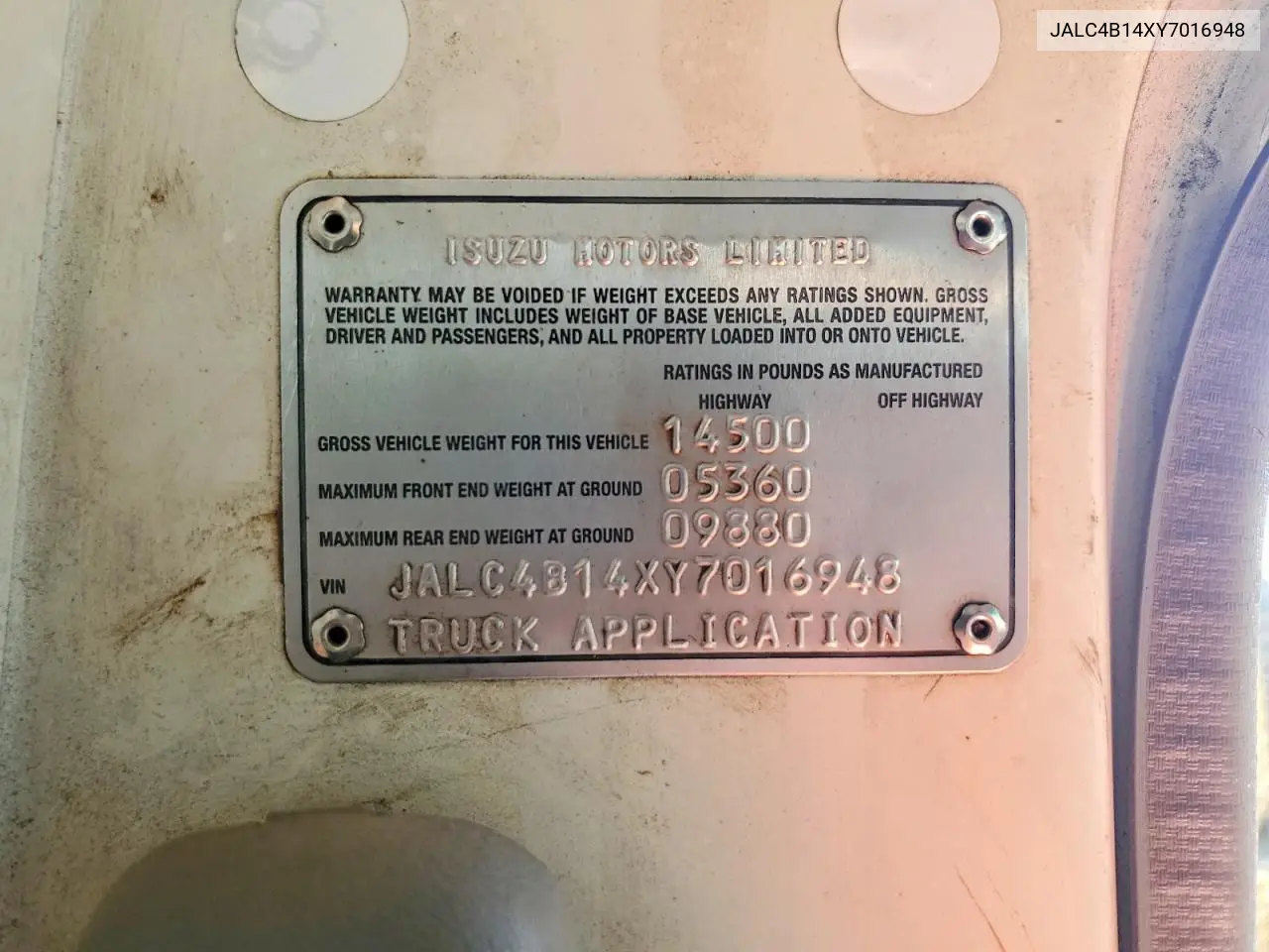 2000 Isuzu Npr VIN: JALC4B14XY7016948 Lot: 56397426