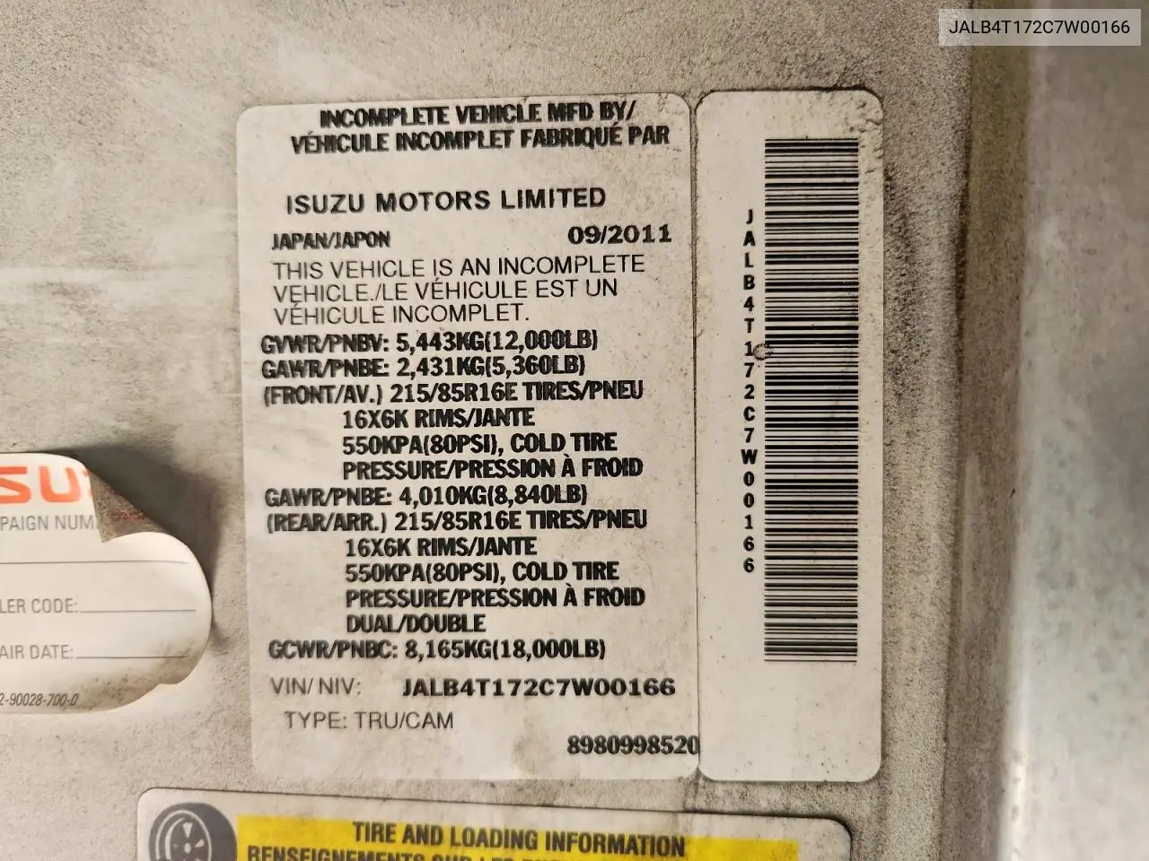 2012 Isuzu Npr VIN: JALB4T172C7W00166 Lot: 60158566